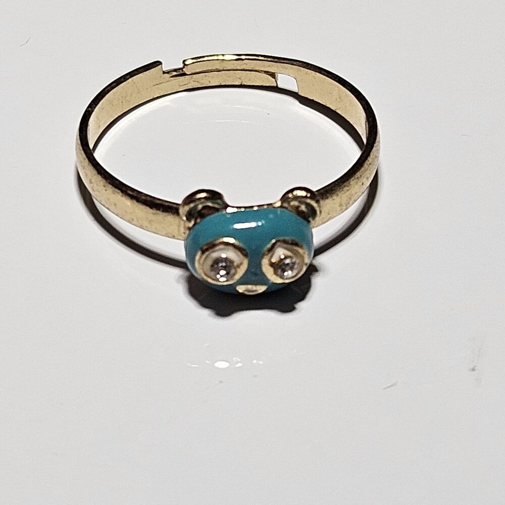 Gold Tone Blue Enamel Bear Face Ring Clear Rhinestone Eyes Adjustable Size 7.25 - Picture 12 of 12